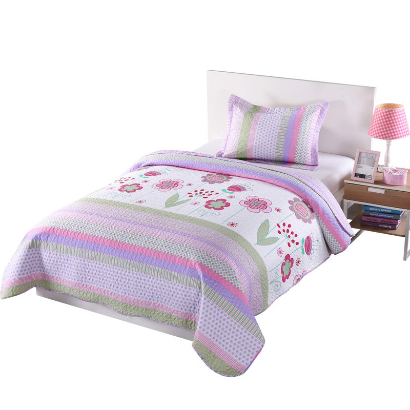 MarCielo 2 Piece Kids Bedspread Quilts Set Throw Blanket for Teens Girls Bed Printed Bedding Coverlet, Twin Size, Purple Floral Striped (Twin) - Image 3
